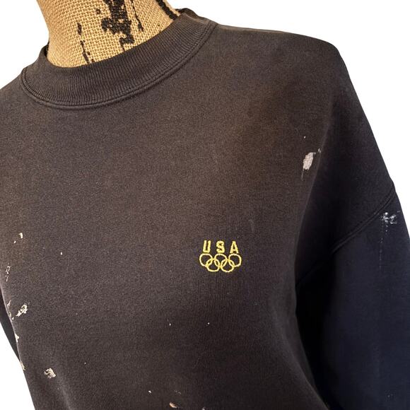 Vintage 90s Hanes Olympics Crewneck Sweatshirt Black Gold STAINED DISCOLORED - Picture 2 of 5